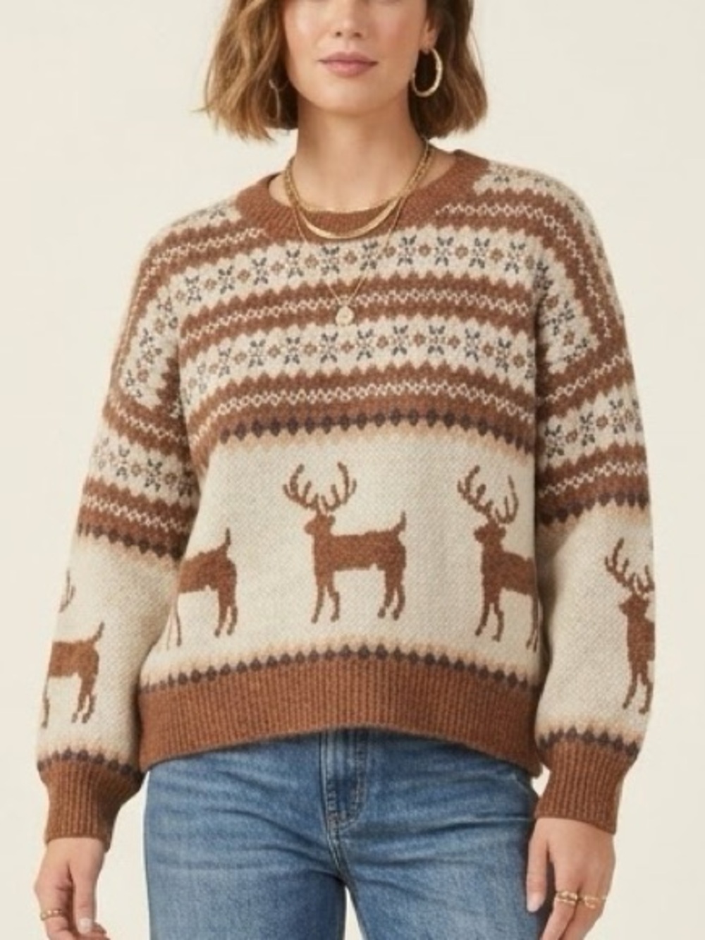 Lucky Brand Fair Isle Deer Brown Tones Relaxed Fit Crew Neck Size XL
